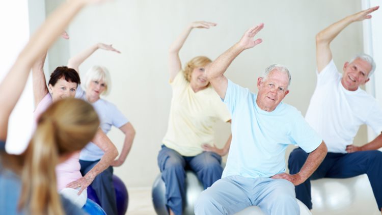 A group of elderly people exercising together on balance balls